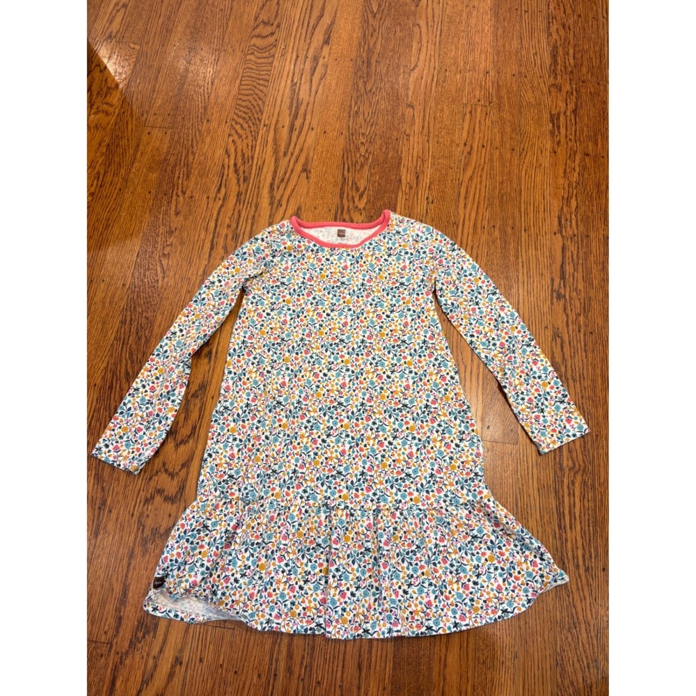 Tea Collection Girls Floral Long Sleeve Ruffle Hem Cotton Jersey Dress Size 7